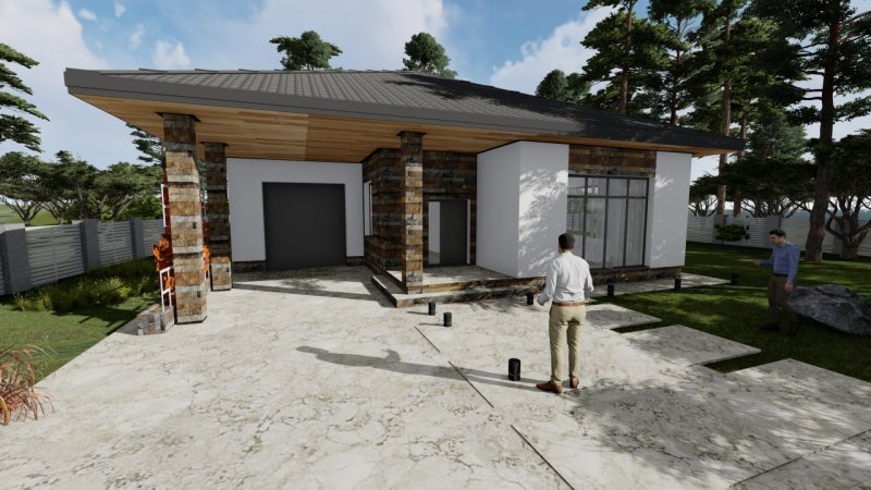 проект одноэтажного дома с гаражом и навесом 250 м2